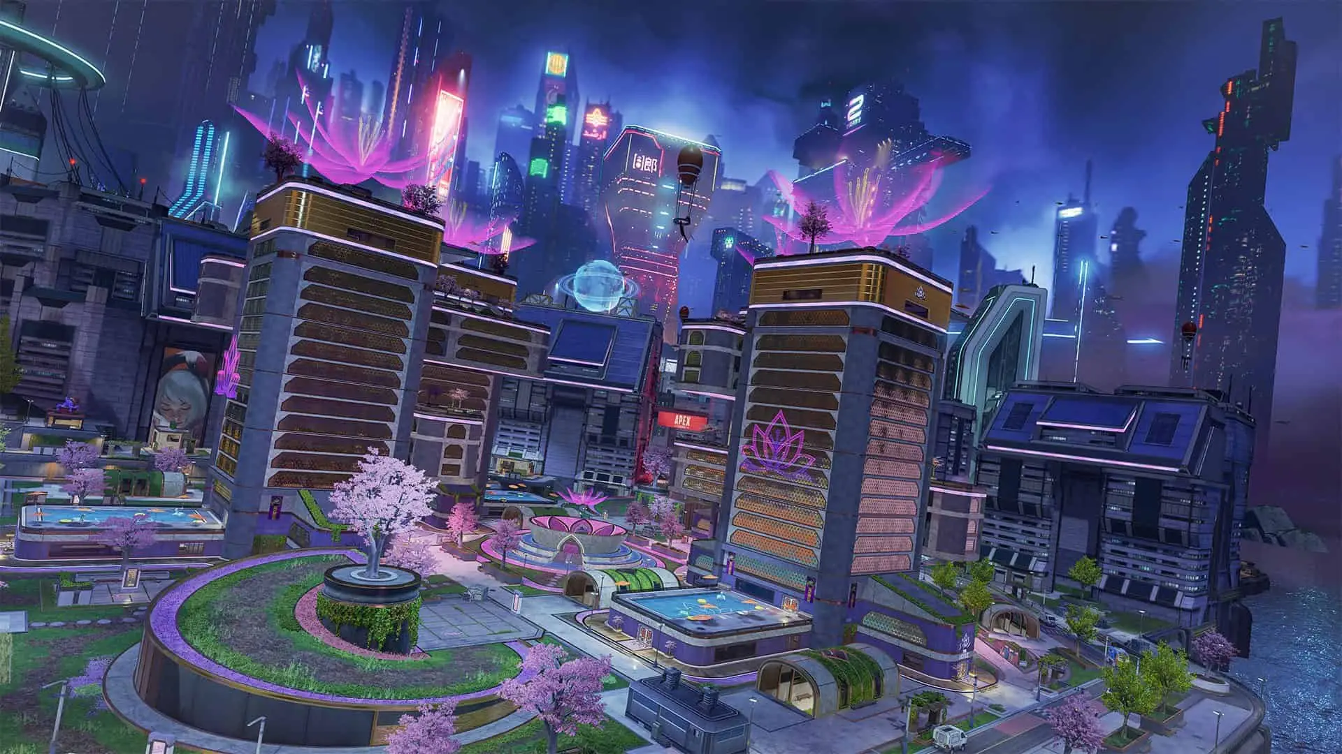 A city scape in Apex at night time featuring lily pad ponds, cherry blossoms, and skyscrapers with pink holographic flowers on top of them.