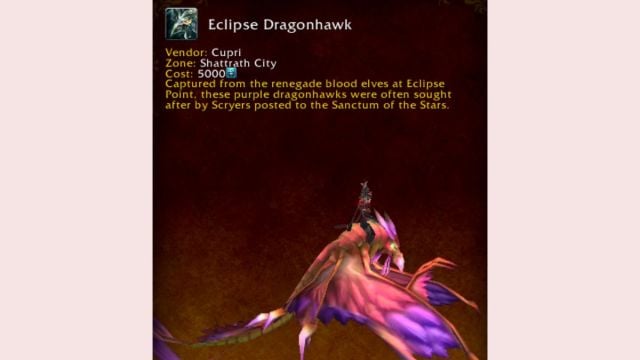 World of Warcraft mount journal exhibiting the Eclipse Dragonhawk Timewarped mount.