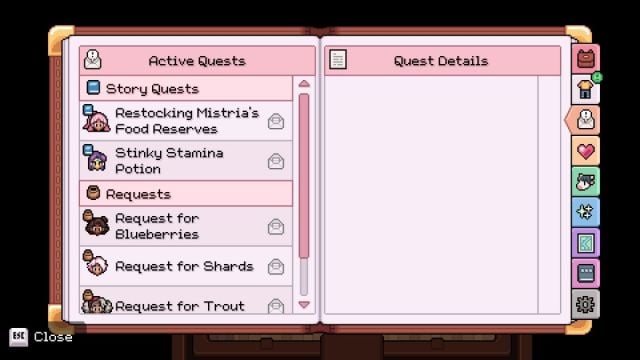 Active quests screen in Fields of Mistria