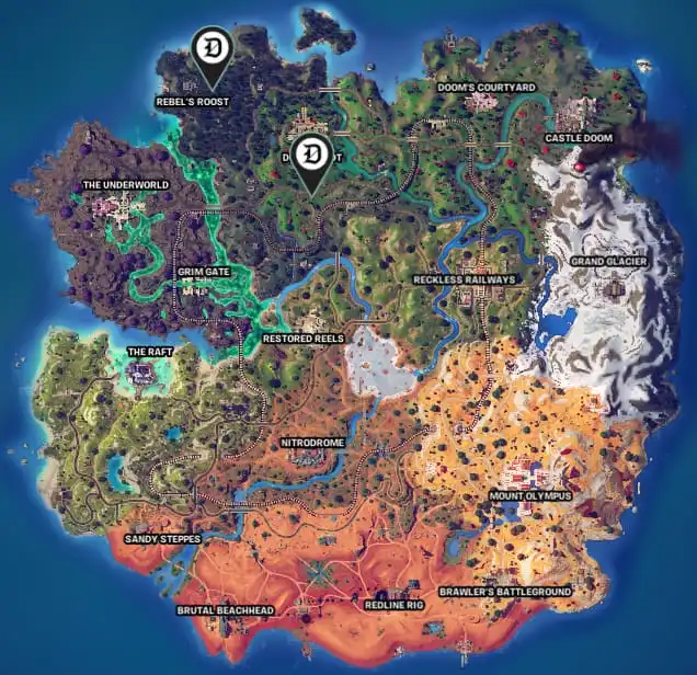 Picture showing the exact location of the Doom's Log near the Memorial statue in Fortnite.