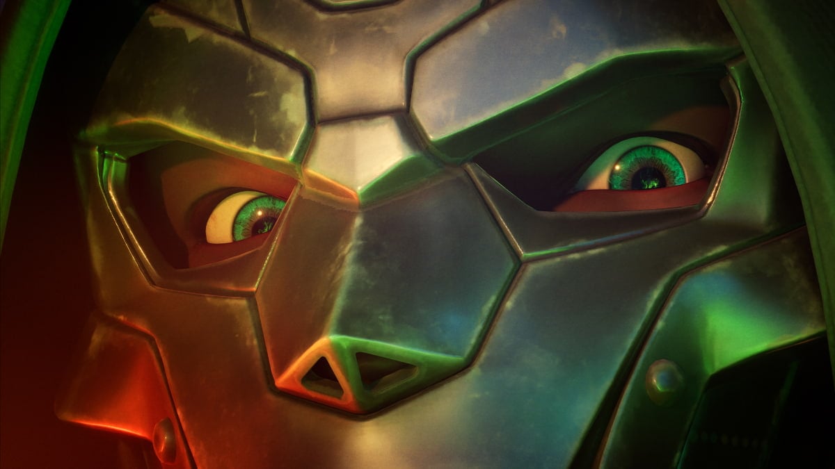 A close-up shot of Doctor Doom in Fortnite showing his green eyes.