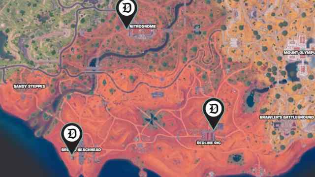 A screenshot of the southern portion of the map in Fortnite with three marked locations.