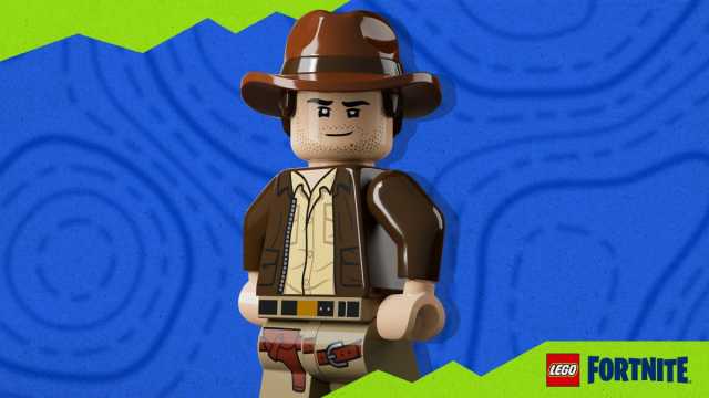 A LEGO minifigure of Indiana Jones wearing a tan shirt, brown jacket, and brown hat.