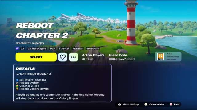 The search page for Reboot Chapter 2 in Fortnite showing details of the mode.