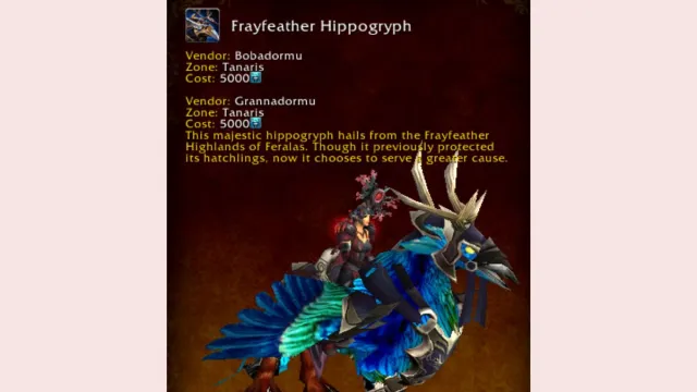 World of Warcraft mount journal exhibiting the Frayfeather Hippogryph Timewarped mount.