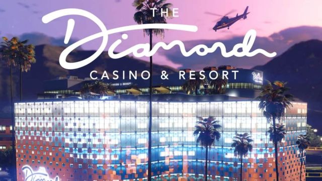 A picture of the Diamond Casino and Resort from GTA Online. A helicopter flies past this huge glass building and it is decorated with palm trees.