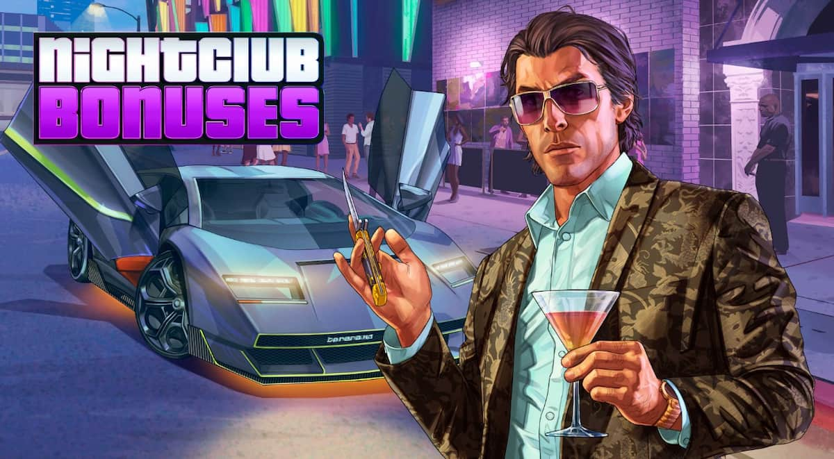 An image from GTA Online of Tony standing outside a nightclub. There is a car in the background.