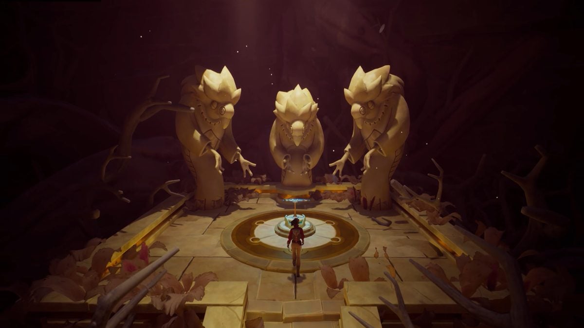 An establishing shot of Vic approaching a podium, surrounded by three Antaris statues