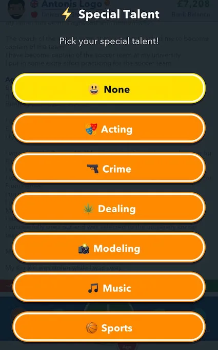Picture showing different special talents that you can choose in Bitlife.