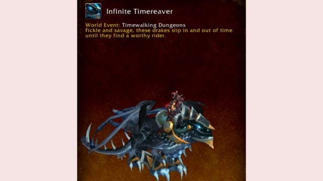 World of Warcraft mount journal exhibiting the Infinite Timereaver Timewarped mount.