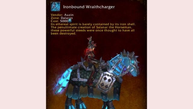 World of Warcraft mount journal exhibiting the Ironbound Wraithcharger Timewarped mount.