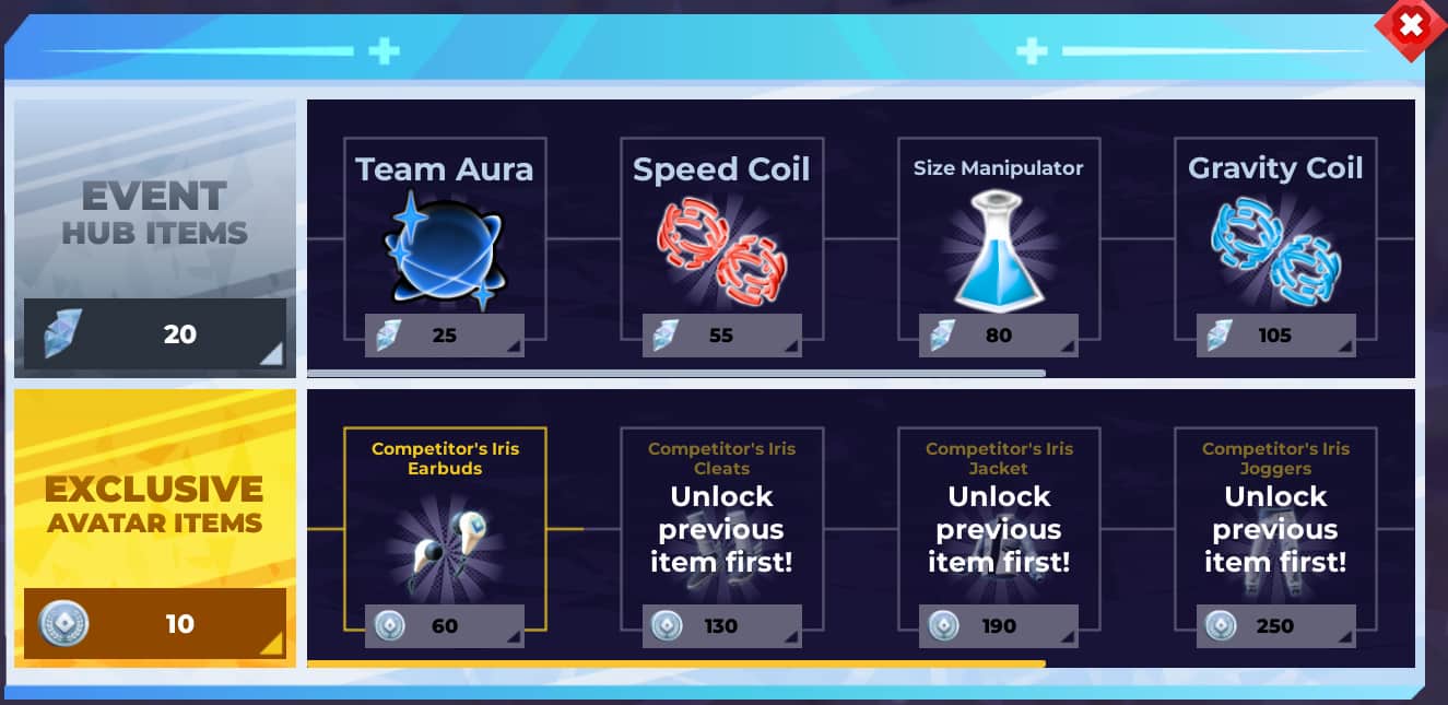 Images of event hub items and exclusive items within Roblox The Games special event