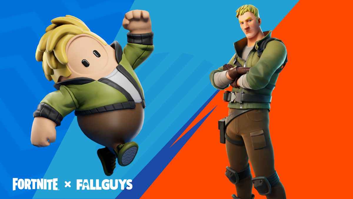 A Fall Guys bean with blonde hair, a green jacket and brown trousers, to his side is a Fortnite character dressed the same