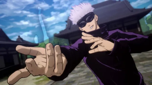 Gojo points to the camera at his opponent with his temple in the background in Jujutsu Kaisen: Cursed Clash