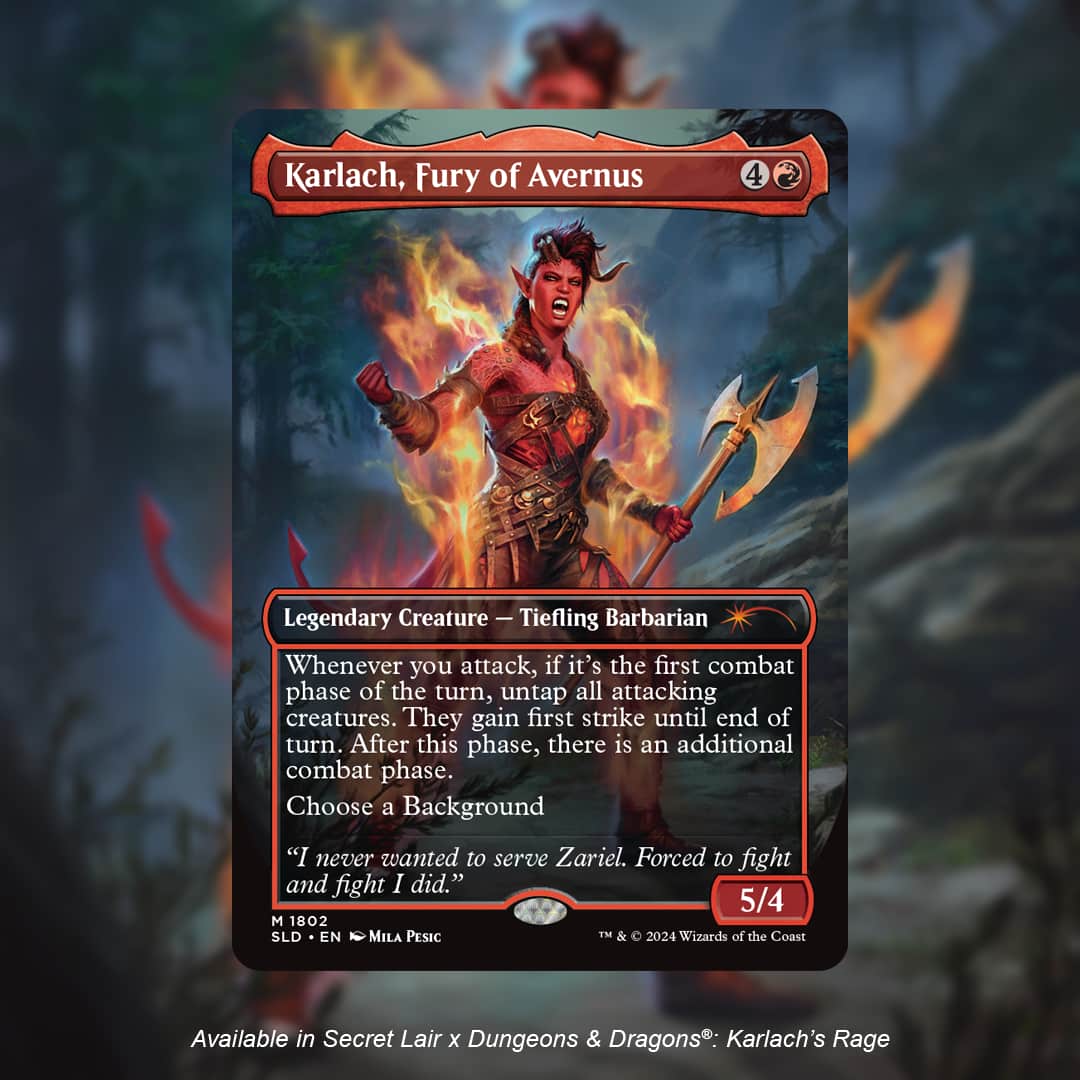 Red barbarian with flames of magic coming off her, holding a giant axe in woods through MTG D&D Secret Lair