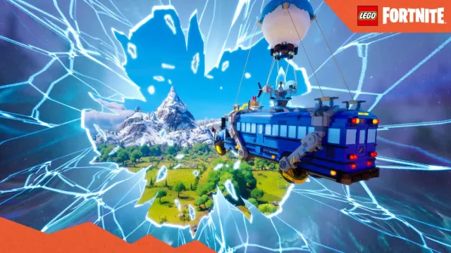 A Battle Bus in Lego Fortnite travelling through a blue rift appearing as a smash in space.