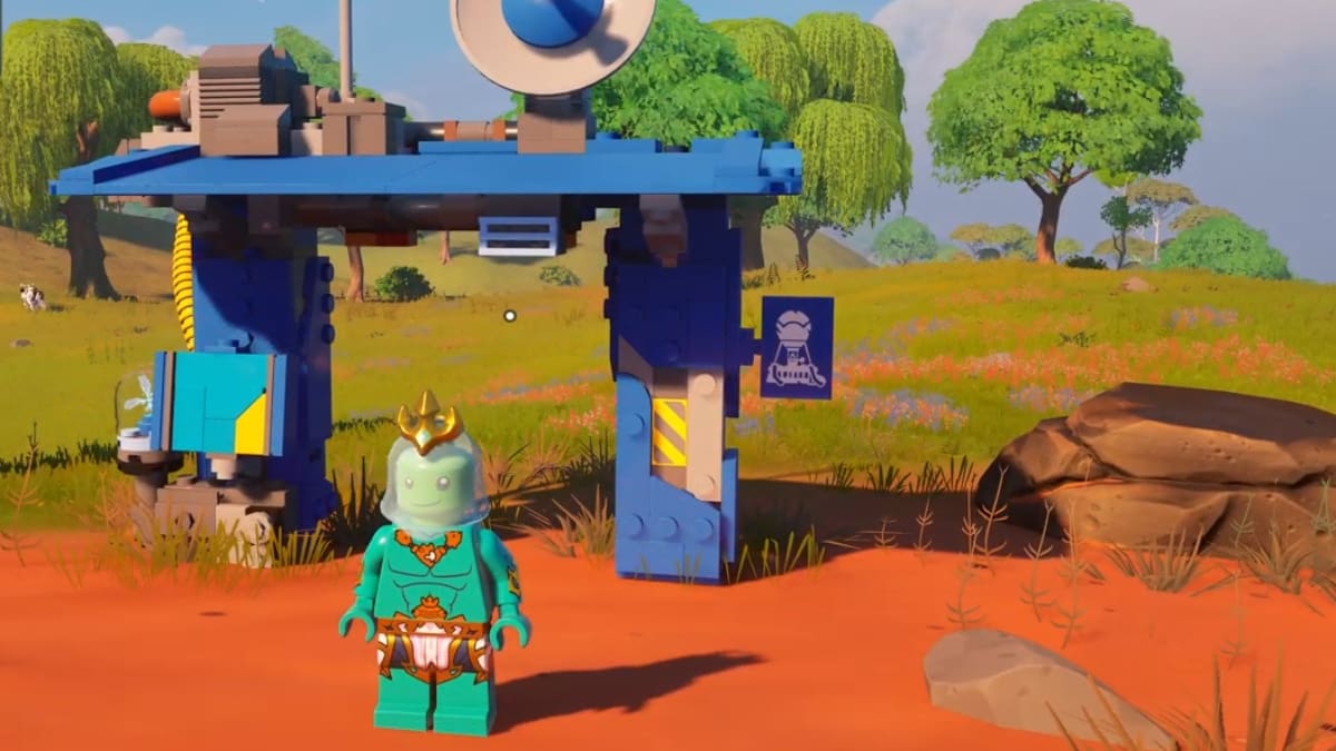 A player in LEGO Fortnite wearing a Poseidon skin stood alongside a Bus Station.