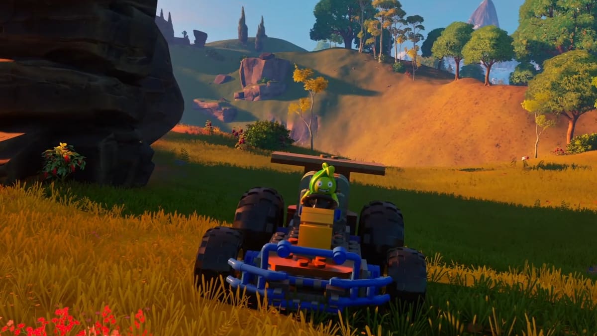 A player using the Peabody skin in LEGO Fortnite sat in a Kart Racer.