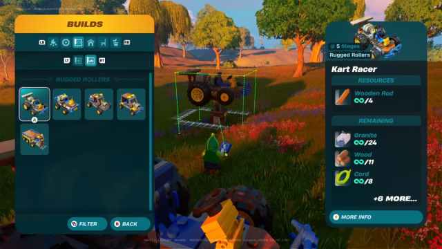 A player in LEGO Fortnite Sandbox looking at the build menu for Kart Racer.