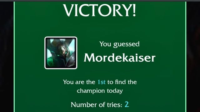 A victory message with the Mordekaiser icon for the Aug. 6 LoLdle quote challenge.