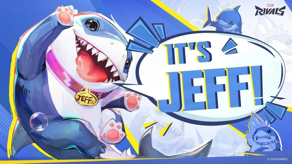 Jeff the Land Shark presenting himself to the fans, with a speech bubble that says "It's Jeff!"