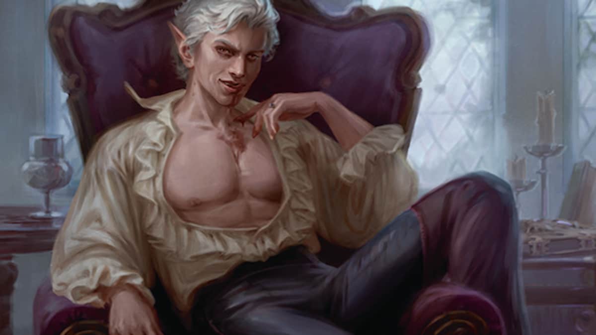 Vampire sitting on chair with shirt half unbuttoned and legs crossed in old timey house through MTG Secret Lair