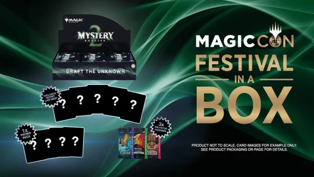 A Mystery Booster 2 box with MTG cards that have a question mark on them for Festival in a Box MTG product