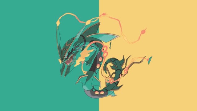 Mega Rayquaza in Pokemon Go, a flying green creature on a green and yellow background.