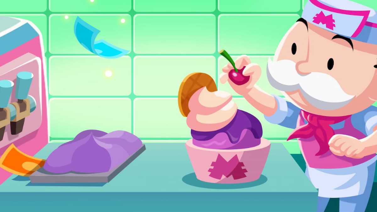 Mr. M making purple ice cream in a piink cup as a chef in Monopoly GO