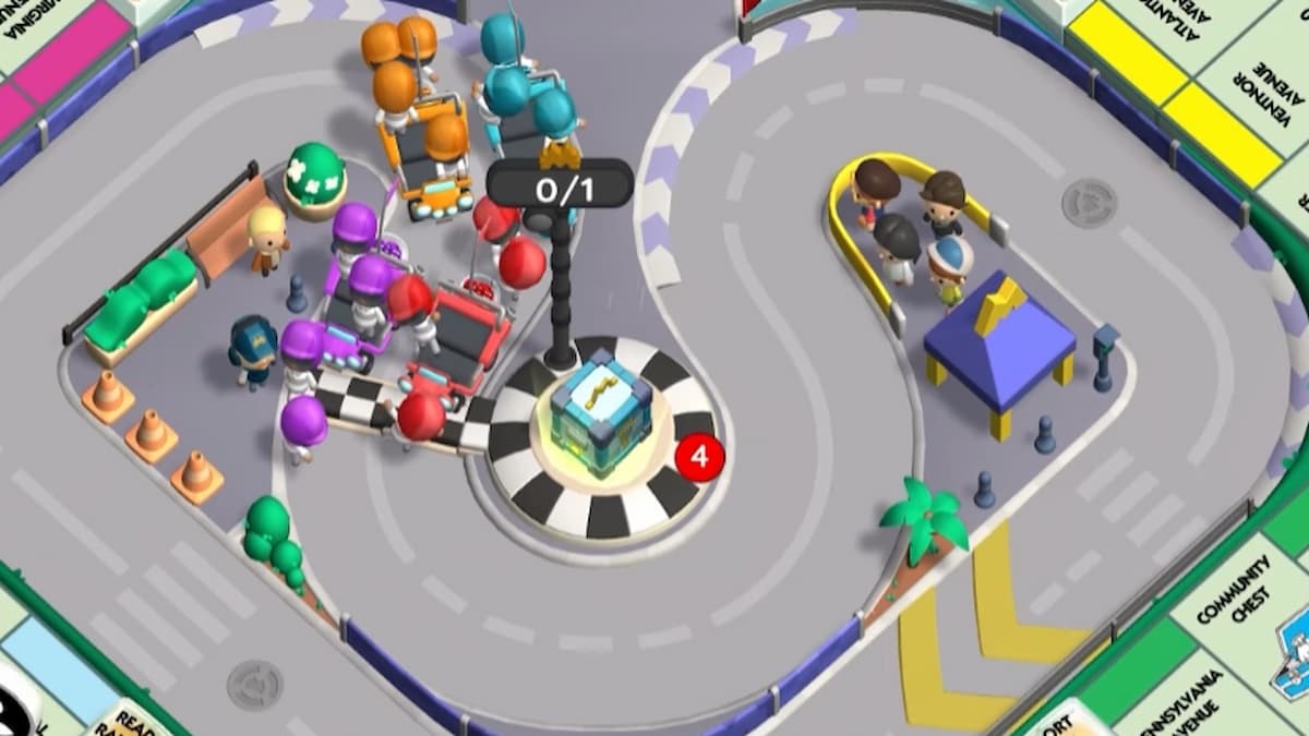 Four race cars on race track in Monopoly GO
