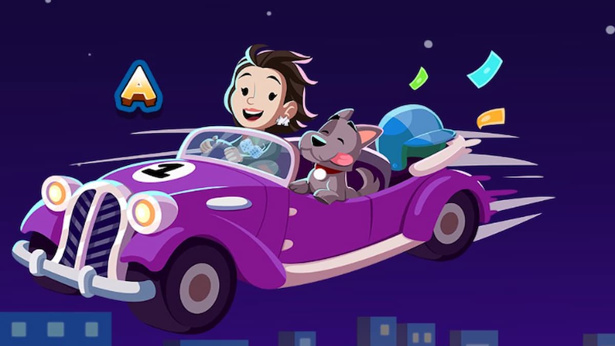 A gilr with pink and blue highlighted hair in purple car with Scottie above city in Monopoly GO
