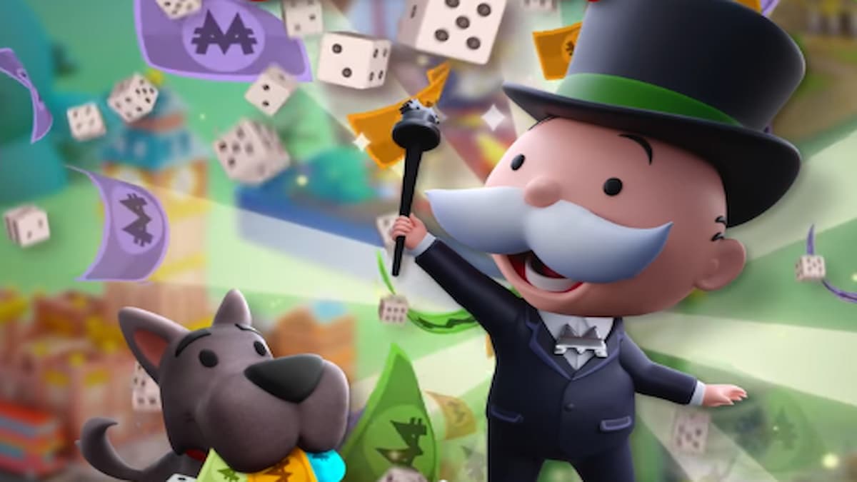 Dice and cash dropping on Mr. Monopoly in black suit and dog Scottie in Monopoly GO