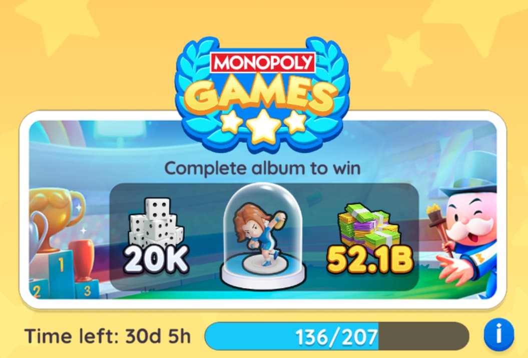 Tiempo restante en el álbum de pegatinas de los juegos Monopoly en Monpoly GO con imágenes de dados, fichas y dinero junto al Sr. M con sombrero de copa