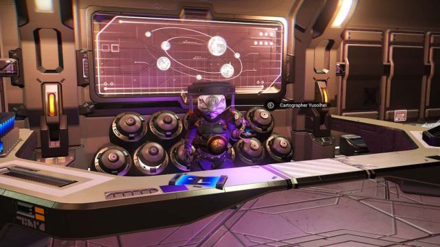 An image from No Man's Sky of a Cartographer aboard a space station. These NPC aliens always sell maps.