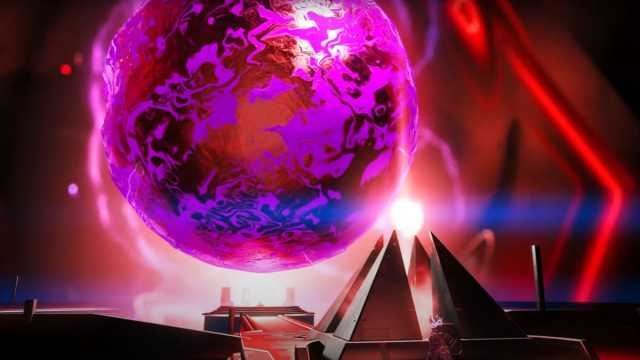 An image of the Atlas from No Man's Sky, corrupted by the purple Atlantideum. This massive red sphere has some important lore.