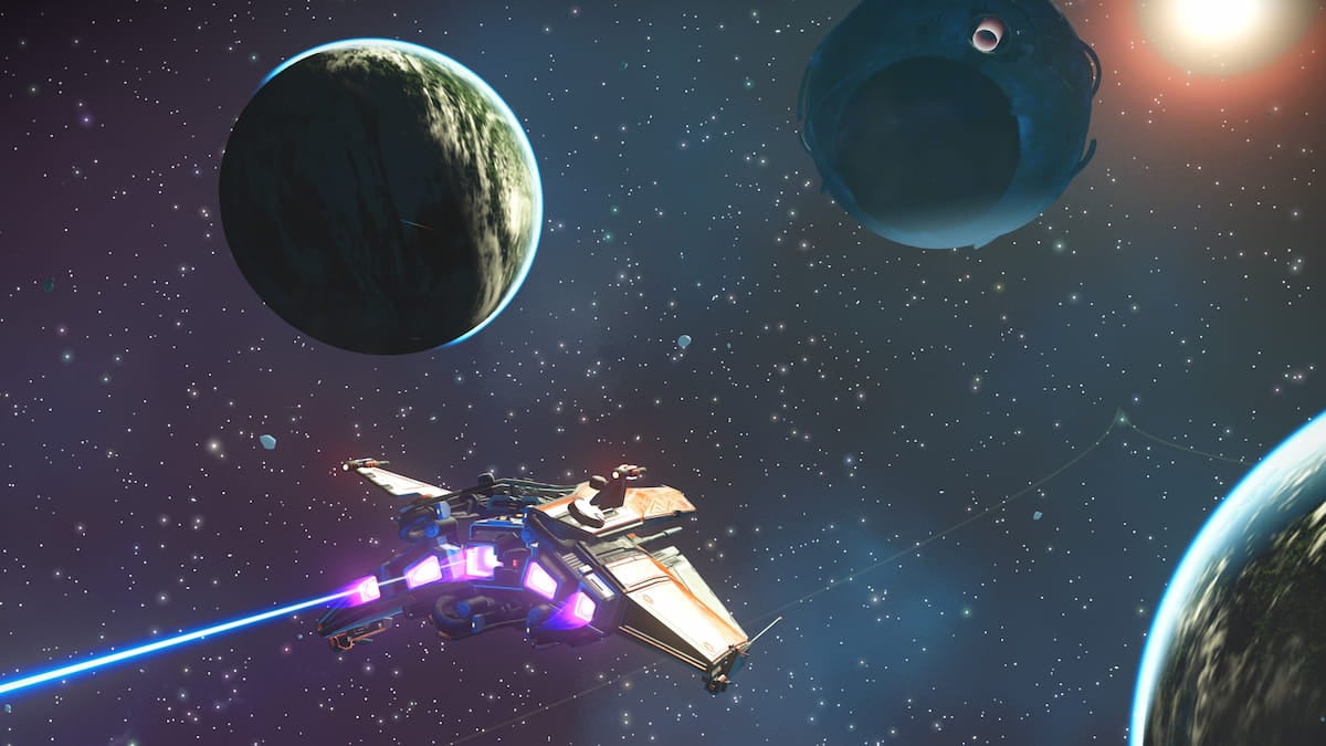 An image of a Sentinel Interceptor being flown through space. There are several planets in the background.