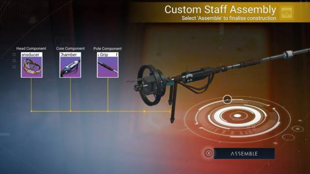 An image from No Man's Sky of the Staff Assembly process. This can only be achieved by completing the sidequest named Audience with the Autophage. This staff functions just like a normal multi-tool.