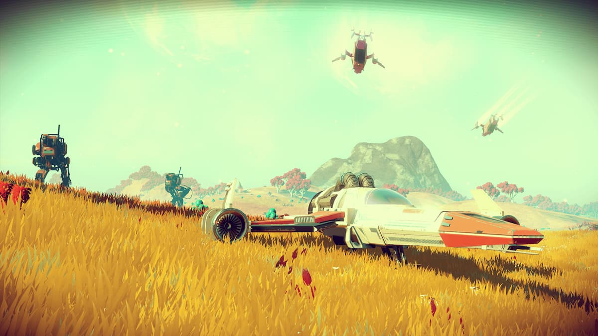 An image from No Man's Sky of a spaceship resting on a yellow hill. There are many walkers and floating spacecraft in the distance.