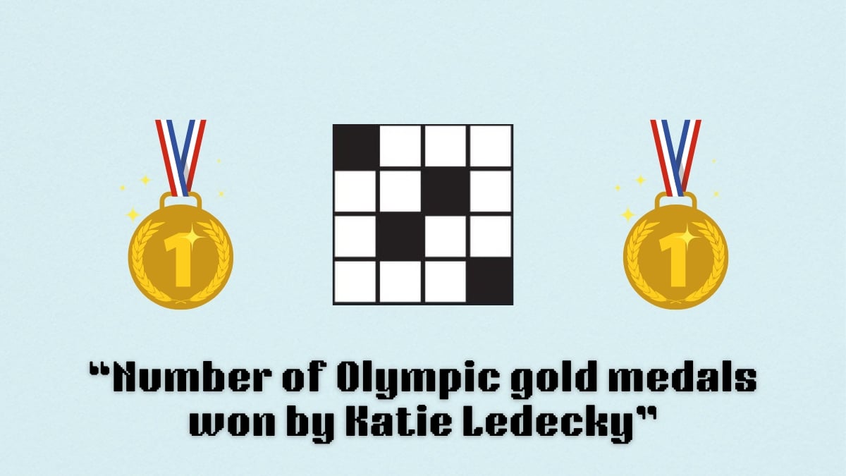 Two gold medals next to a crossword puzzle icon above the clue, 'Number of Olympic gold medals won by Katie Ledecky' from the Aug. 19 NYT Mini Crossword puzzle