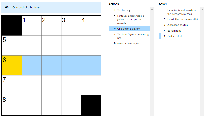 Picture showing the One end of the battery clue for NYT Mini Crossword.