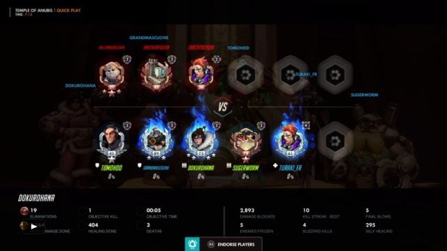 Player cards and enemies showcasing who is on fire in the middle of a 2020 Overwatch match
