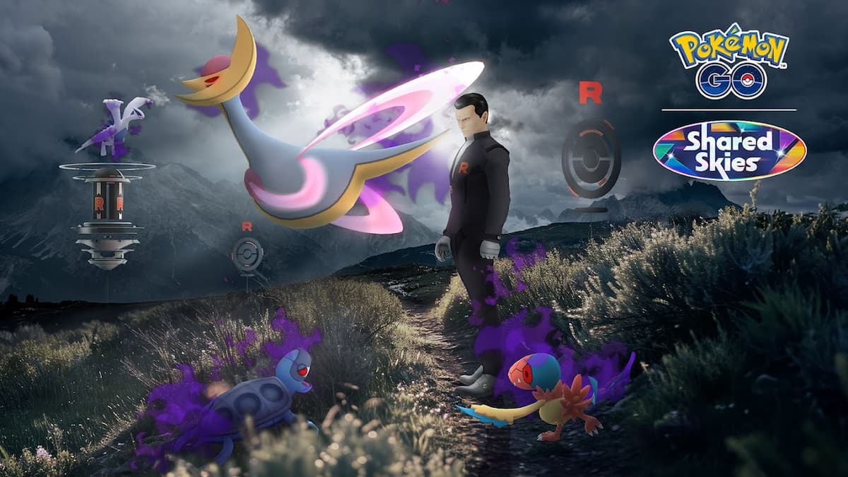 Giovanni in a dark, gloomy area with several Pokemon surrounding him.