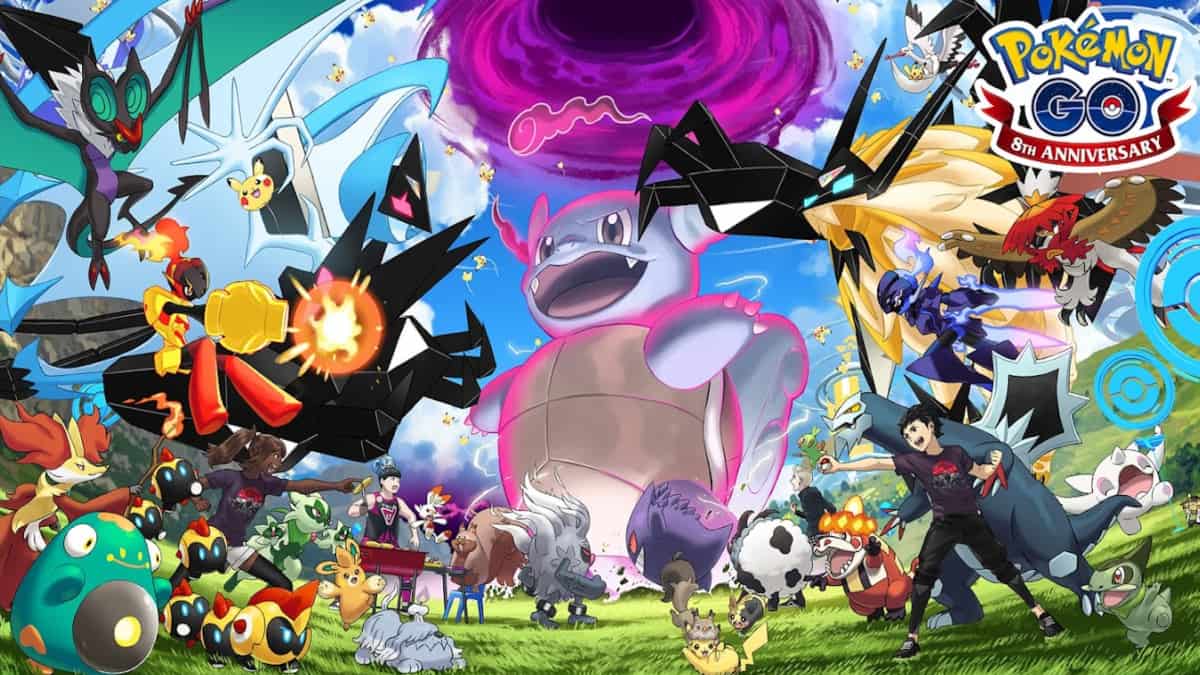 Promotional art for Pokemon Go's eighth anniversary including a Dynamax Wartortle.