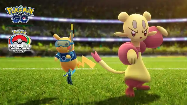 Scuba PIikachu and Mienfoo posing on a grassy field.