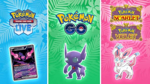 Side by side images of Pecharunt TCG, Sableye, and Sylveon distributions for Pokémon Worlds.