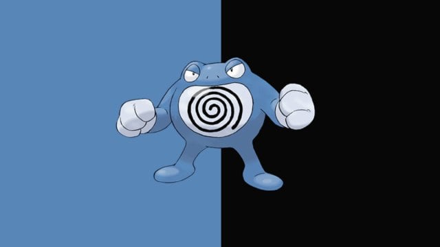 Poliwrath in Pokémon Go, a blue figure with a black swirl in the middle of their stomach, on a blue and black background.