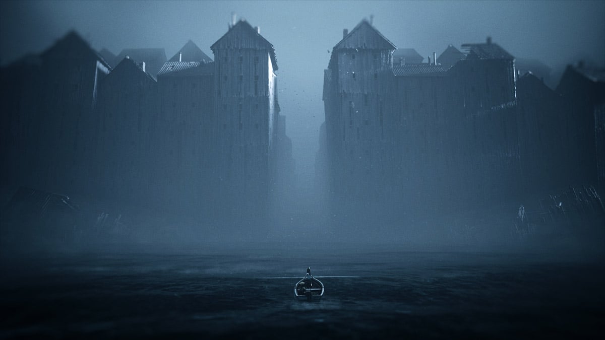 Two characters in REANIMAL rowing a boat into a dark city