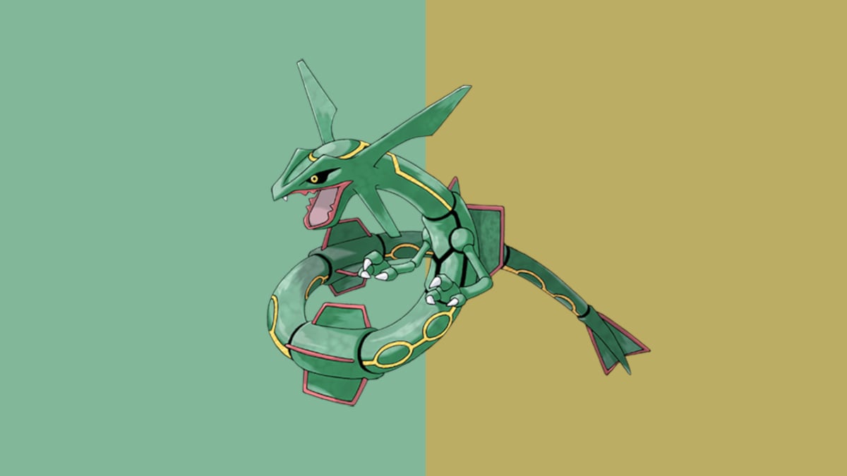 Rayquaza, a green dragon-like creature, floating on a green and bronze background.