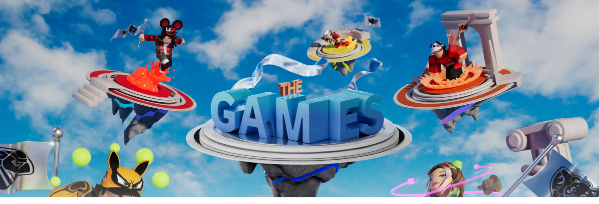 Image of the Roblox The Games banner with multiple roblox characters in the sky performing different feats.