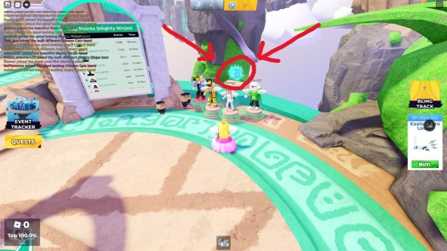 Four NPCs are waving to the player while a hidden treasure is behind them in Roblox The Games